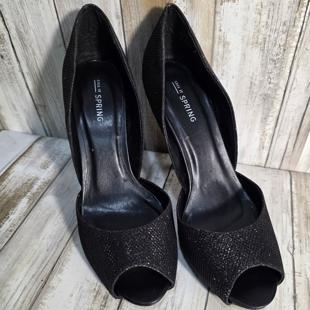 Call It Spring Womens Black Glitter Peep Toe d'Orsay Stiletto Heel Pumps Size 8